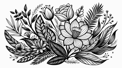 Hand drawn black and white botanical elements for decorative designs, organic flowing lines, stylish minimalist details, ideal for stationery, packaging, branding, or art prints celebrating timeless 