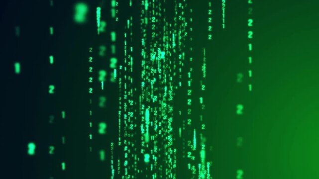 animated 4K video of a binary data text in green, scrolling against a black background. Ideal for a background intro for technology the future.