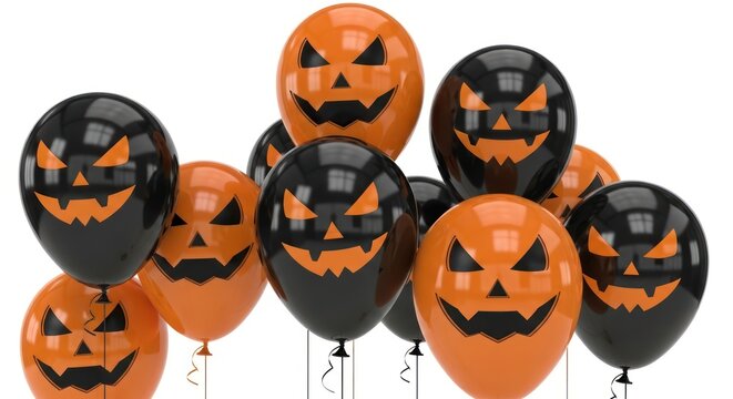 A spooky assortment of Halloween balloons featuring sinister jack-o'-lantern faces creates a