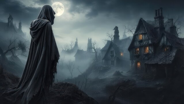 A hooded figure stands vigil over a misty, moonlit medieval village