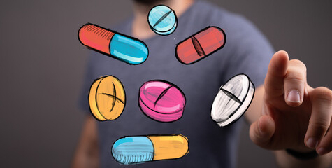 Person interacting with floating medication,healthcare, pharmacy, medicine concept.  Bright, colorful illustration.