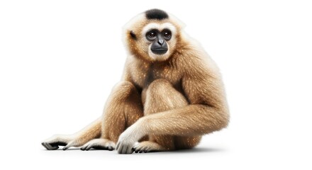 Obraz premium Elegant lar gibbon portrait against white canvas displaying its graceful posture and serene