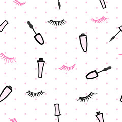 Vector seamless pattern with mascaras and eyelashes on white background with polka dot