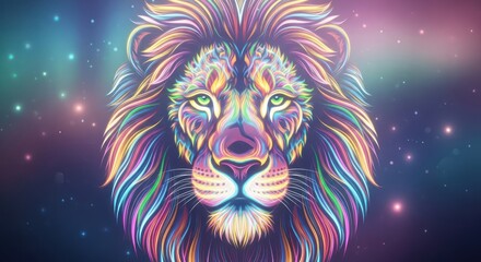 Vibrant kaleidoscopic lion portrait set against a sparkling stellar backdrop generating an