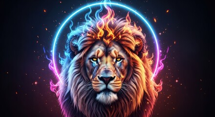 Majestic lion portrait with neon aura and fiery mane evokes power and mystic beauty