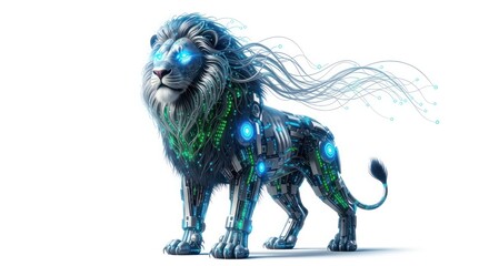 Futuristic depiction of a lion with technological and bioluminescent enhancements