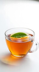 A transparent glass teacup filled with amber-hued tea, topped with a vibrant green leaf, sits on a plain white surface.
