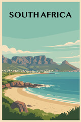 South Africa poster with beach and mountains. Vector illustration in flat style