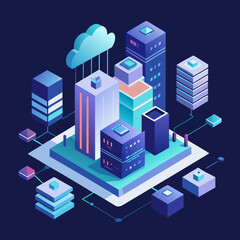 Fototapeta premium Isometric digital city with cloud computing and data network connections