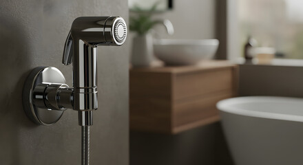 chrome bidet sprayer attached to wall in modern bathroom