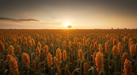 Golden sorghum field bathed in warm sunset light with a solitary tree silhouetted