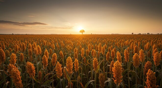 Golden sorghum field bathed in warm sunset light with a solitary tree silhouetted