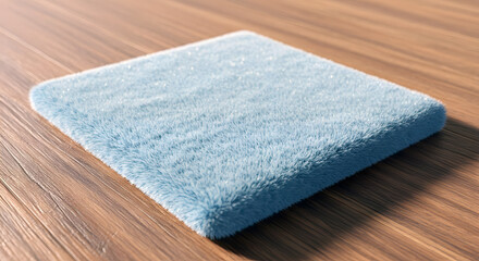 Soft blue cushion on wooden surface in modern interior setting  