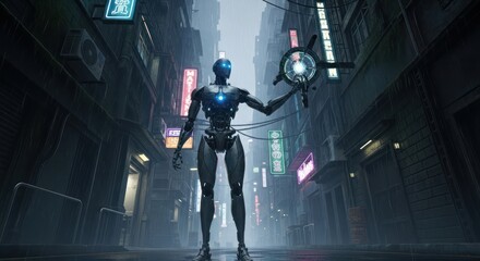 Futuristic dystopia: A cybernetic guardian in the narrow streets of a luminous urban jungle