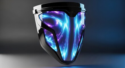 Futuristic shield design featuring vibrant blue and purple energy streams within a dark frame