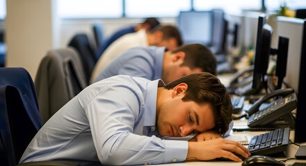 Exhausted professionals napping at desks in modern office during stressful workday portrays burnout, fatigue, and need for work life balance solution