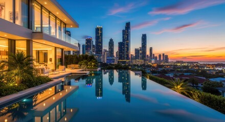 Luxurious waterfront villa with infinity pool overlooking a vibrant cityscape at dusk