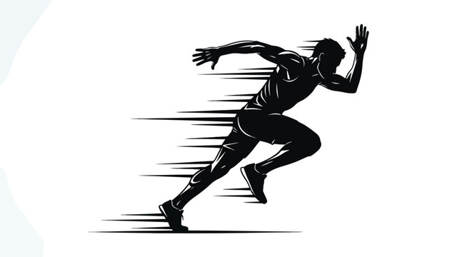A dynamic black and white silhouette of a man running fast, with abstract speed lines indicating motion, energy, and athleticism.