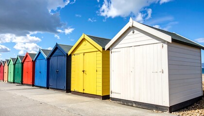 Colorful beach huts line a promenade under a partly cloudy sky