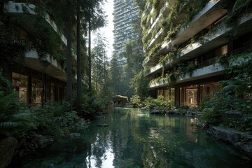 Lush, verdant courtyard between high-rise buildings