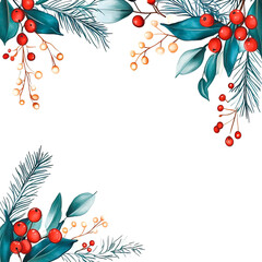 A New Year's watercolor Christmas frame with fir branches and berries on a transparent white background. Botanical illustration for the winter holiday. PNG