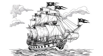 A detailed, hand-drawn vintage sketch of a large, historic sailing ship or galleon with full sails on the open sea.