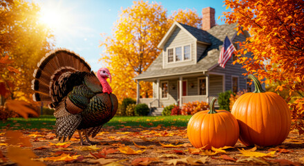 Turkey stands among pumpkins against the backdrop of a house with a US flag, celebrating the Thanksgiving.