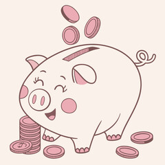 Cute pink piggy bank receiving coins a charming savings illustration