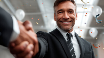 Confident professional man handshake business success celebration office suit tie smiling happy