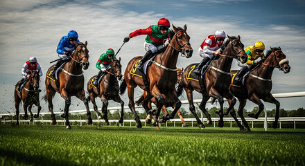 jockey during a race on his horse goes to the finish line in first place with other competitors on a racetrack