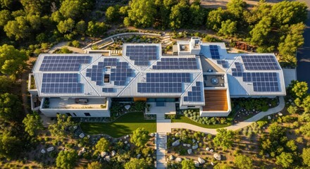 Modern house roof with solar panels, aerial view of environmentally friendly home