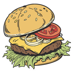 A delicious looking cartoon illustration of a classic cheeseburger with toppings