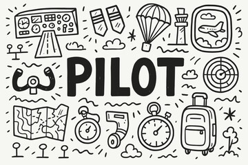 Fototapeta premium Aviation, pilot doodle icon set. air travel, flight elements outline collection