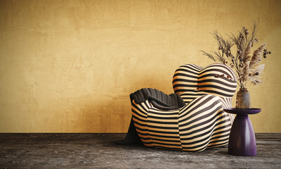 Modern interior design. Armchair with dry plant decoration on yellow concrete wall with copy space. 3D Rendering, 3D Illustration