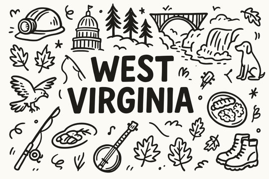 West virginia icon set. nature, culture, and landmarks outline design elements.