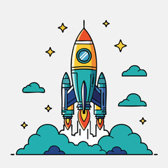 Fototapeta premium Rocket Launching into Space with Clouds and Stars.