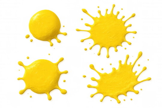 Yellow paint splashes and drops forming abstract shapes on transparent background for creative designs
