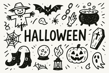 Halloween, spooky outline icon set. ghost, pumpkin, bat, and witch elements collection