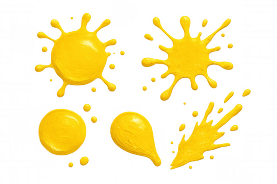 Yellow paint splashes and drops set on transparent background, symbolizing creativity, art, and expressive design