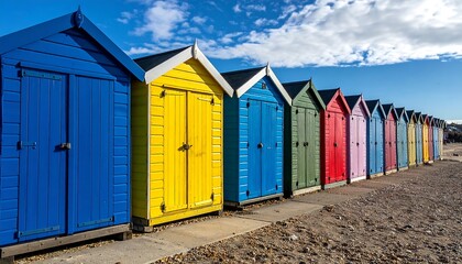 Colorful beach huts line the shore
