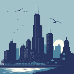 Chicago skyline illustration featuring prominent buildings and a serene waterfront scene