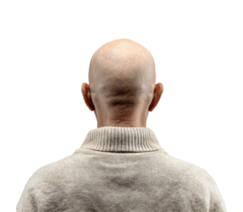 Bald man in sweater sitting quietly for meditation at home on a transparent background, cut out