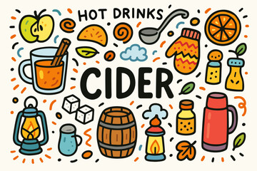 Hot drinks icon set. cozy, beverage, autumn, flat icons collection for cider lovers