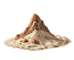 Natural sand formation resembling a mountain at the beach shore on a transparent background, cut out