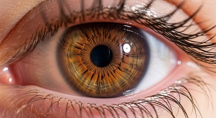 Close-up view of a captivating brown human eye, showcasing intricate detail in the iris and surrounding structures.