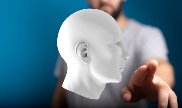 Digital human head, AI, technology, future, innovation, concept, interaction, 3D model, design, science, brain, mind, intelligence, p