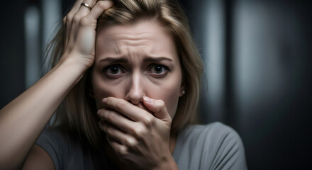 Young caucasian woman with surprised and scared face covering mouth with hand. Mental health and emotion concept illustration.