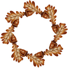 A wreath with watercolor oak leaves and acorns, hand-painted in warm brown tones. Autumn leaves. Autumn still life. Suitable for books, packaging, and cards.
