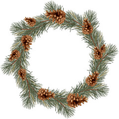 A wreath with hand-painted watercolor fir branches and pine cones. A Christmas wreath. Autumn still life. Suitable for books, packaging, and cards.