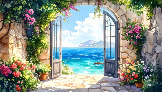 A vibrant garden archway opens to a seaside view